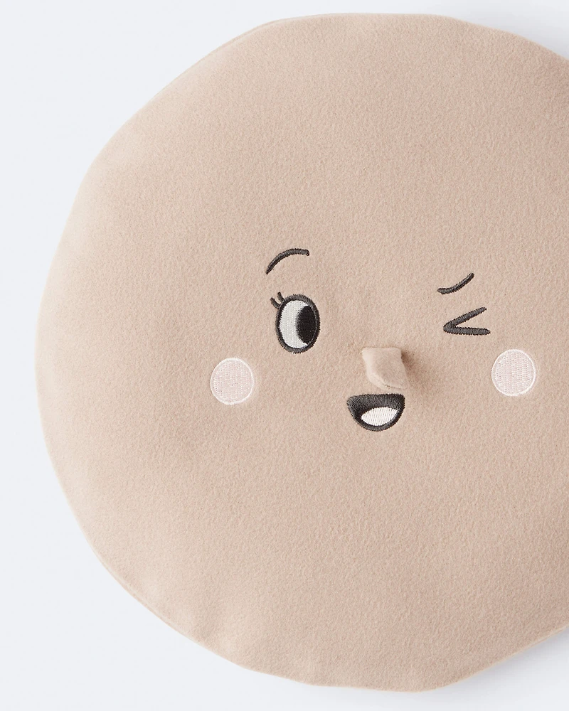 Toddler Girl Beret with Face Graphic - Tan