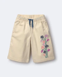 Toddler Girl Embroidered Wide-Leg Pants with Flowers - Cream