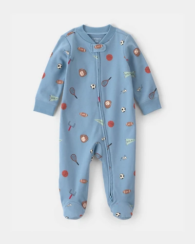 Baby Boy Sports 100% Cotton 2-Way Zip Sleeper - Blue