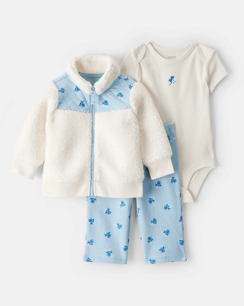 Baby Girl 3-Piece Floral Sherpa Long-Sleeve Bodysuit & Pant Set - Blue