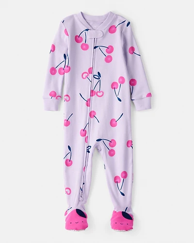 Toddler Girl Cherry 100% Cotton Snug Fit Footie 1-Piece Pyjamass - Purple