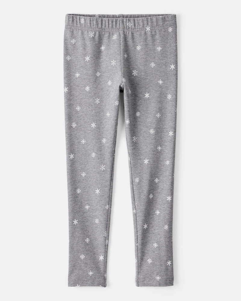 Girls Snowflake Print Cotton Pull-On Stretch Leggings - Grey