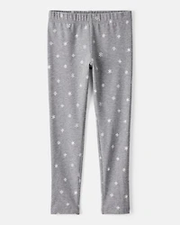 Girls Snowflake Print Cotton Pull-On Stretch Leggings - Grey