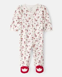Baby Girl Bow Floral Print 100% Cotton Sleeper - White/Red