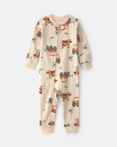 Baby Boy 1-Piece Farm 2-Way Zip 100% Cotton Snug Fit Pyjama - Cream