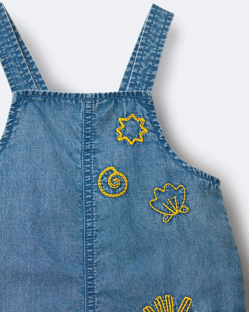Toddler Girl Embroidered Shortall with Pockets Chambray
