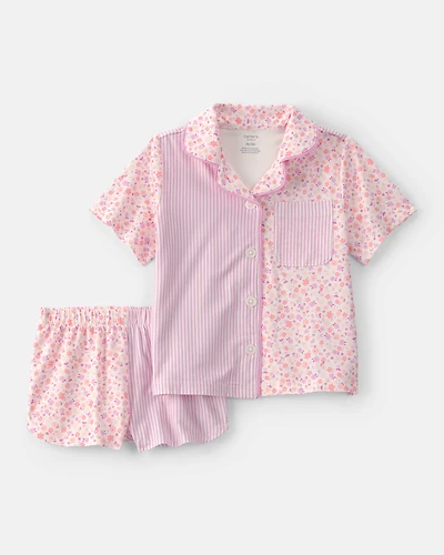 Toddler Girl Floral Striped Short-Sleeve Loose Fit 2-Piece pyjama Set - Pink