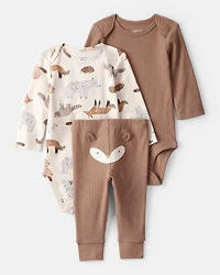 Baby Boy 3-Piece Fox Print Long-Sleeve Bodysuits & Pant Set - White/Brown