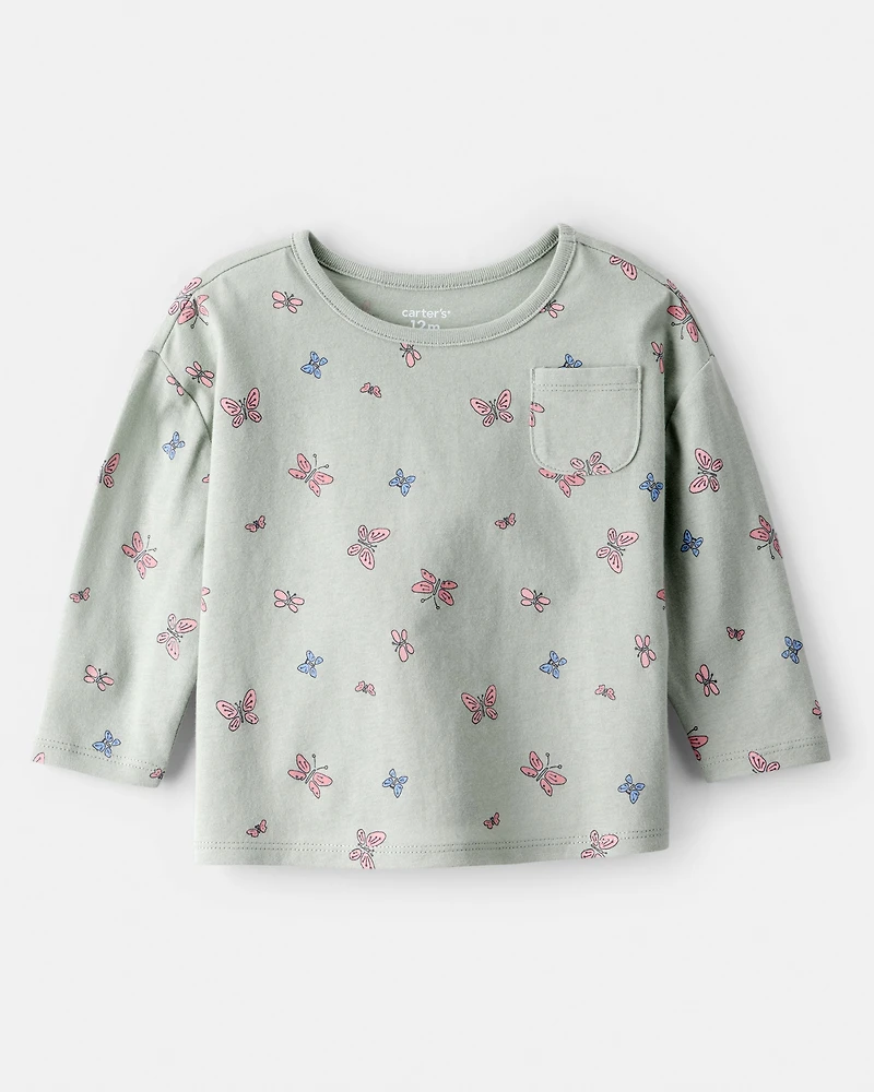 Baby Girl Butterfly Print Long Sleeve Tee - Green