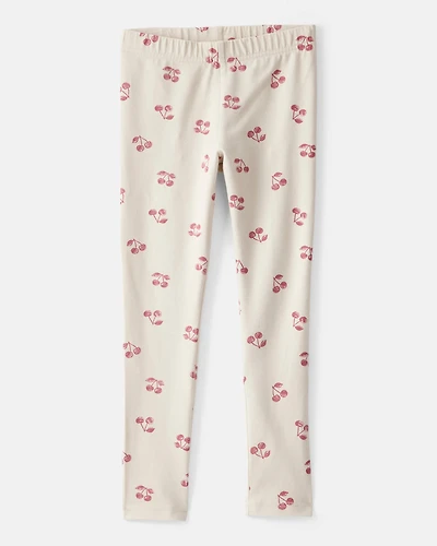 Girls Cherry Print Cotton Pull-On Stretch Leggings - Ivory