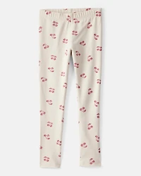 Girls Cherry Print Cotton Pull-On Stretch Leggings - Ivory