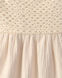 Girls Crochet Gauze Dress - Ivory