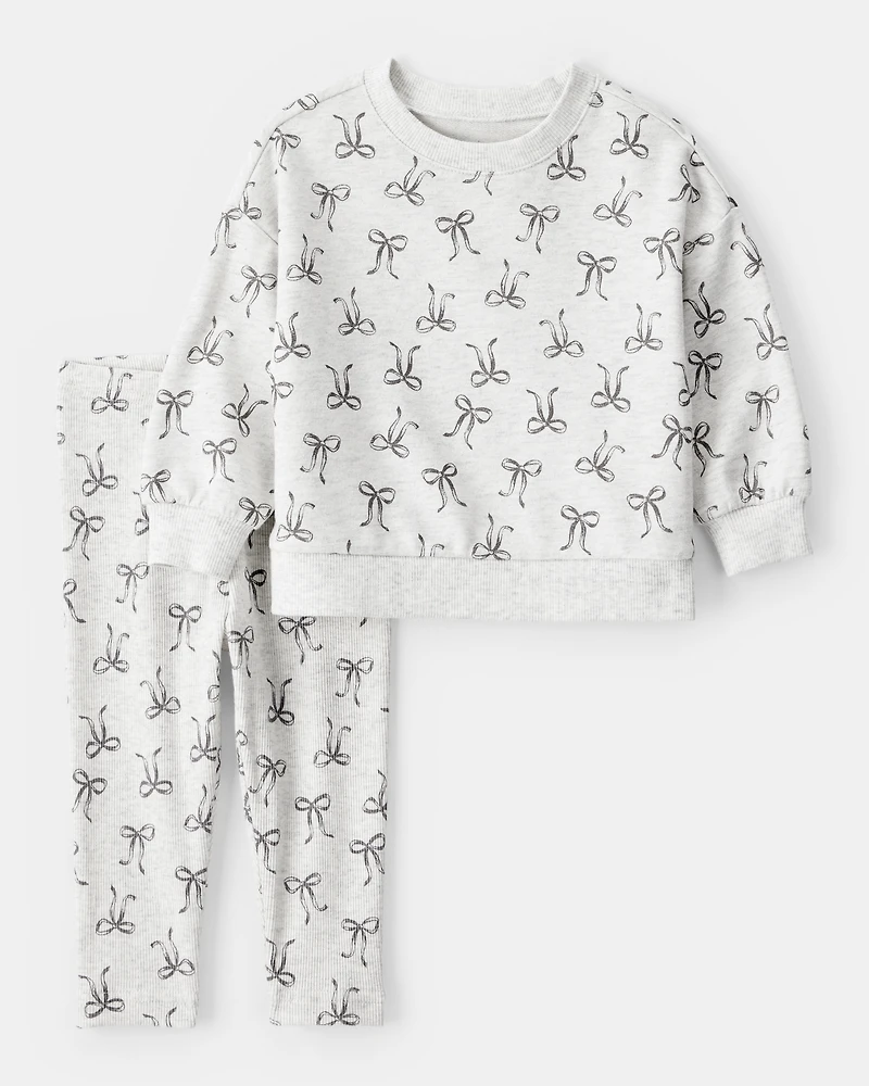 Baby Girl Bow Print Long-Sleeve Tee & Pant Set - Grey