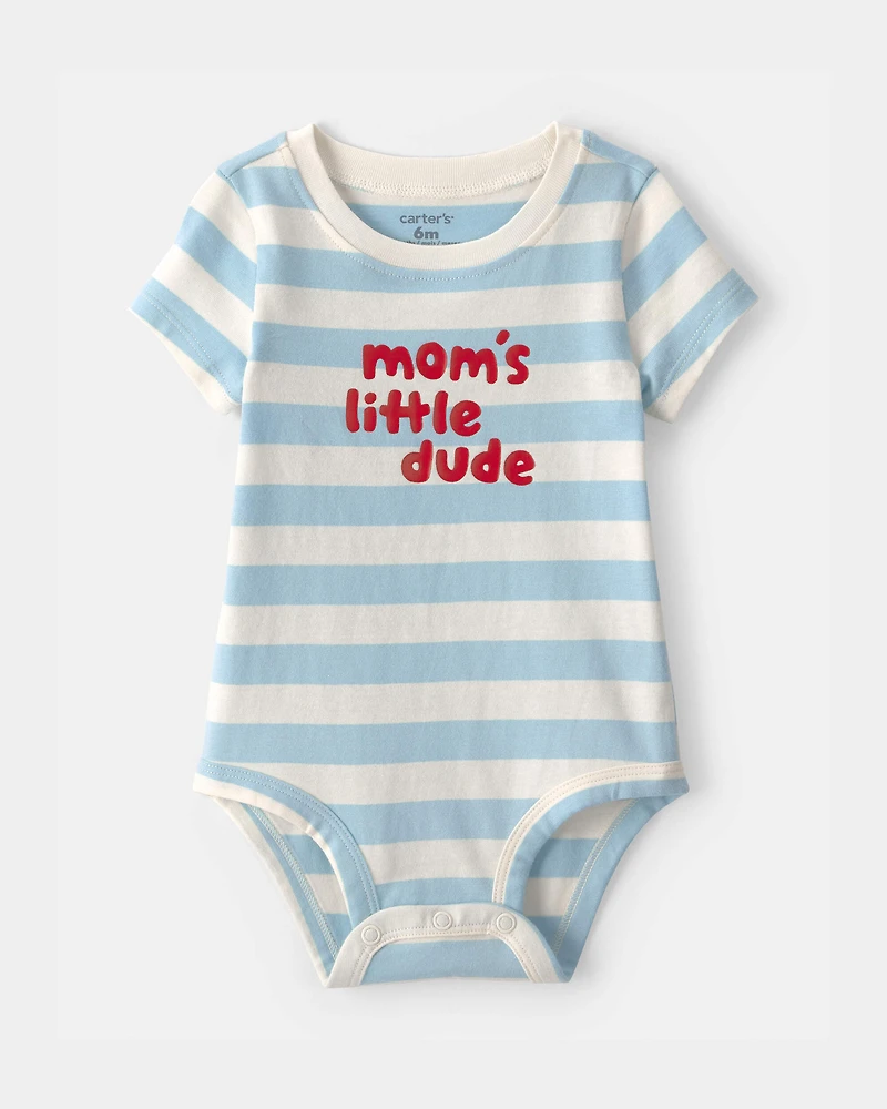 Baby Boy 'Mom's Little Dude' Striped Graphic Bodysuit - Blue/Ivory