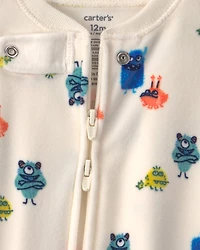 Baby Boy 1-Piece Monster 2-Way Zip DreamPlush Snug Fit Footed Pyjama - Cream