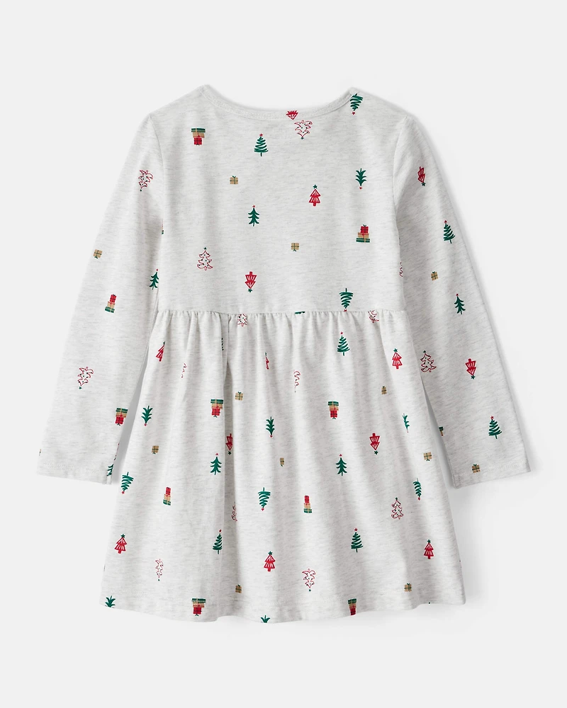 Toddler Girl Christmas Tree Print Long-Sleeve Dress