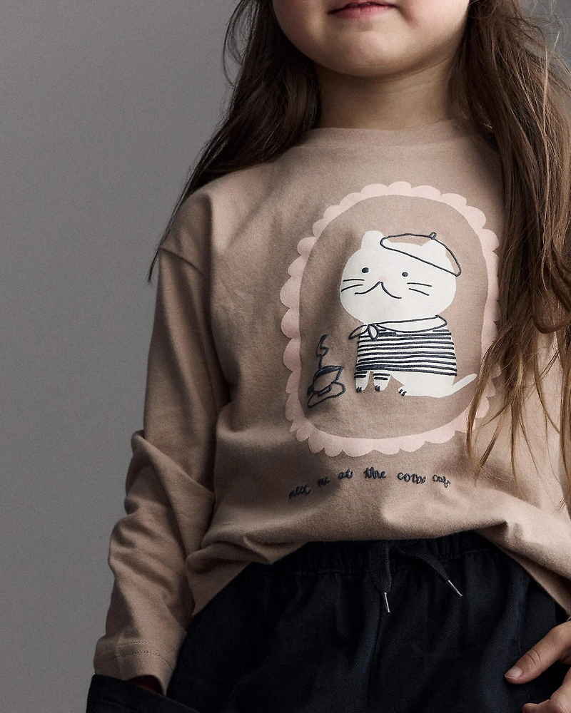 Toddler Girl Cocoa Cat Long-Sleeve Graphic Tee - Tan