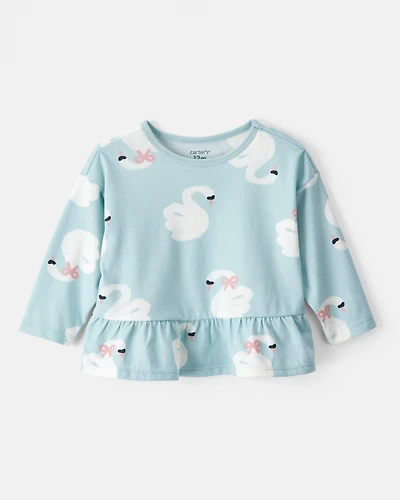 Baby Girl Swan Print Long-Sleeve Peplum Top - Blue