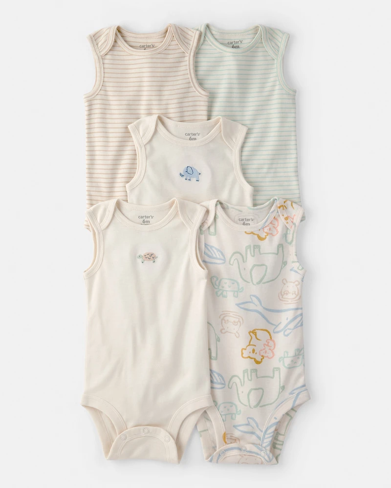 Baby 5-Pack Animals Sleeveless Multipack Bodysuits - Cream