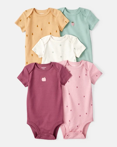 Baby Girl 5-Pack Fruit Print Cotton Multipack Bodysuits - Brown/Green/Pink/Red/White
