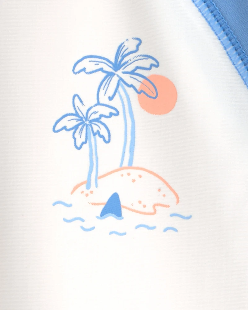Toddler Boy 2-Piece Long-Sleeve Rashguard & Sailboat Swim Trunks Set - Blue/White