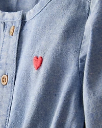 Baby Girl Heart Chambray Long-Sleeve Denim Jumpsuit - Blue