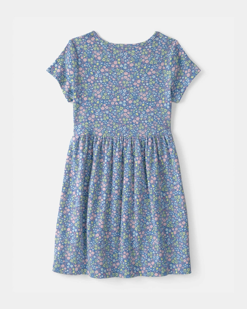 Girls Floral Rib Short-Sleeve Dress - Blue