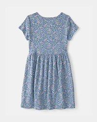 Girls Floral Rib Short-Sleeve Dress - Blue