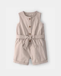 Baby Girl Solid Canvas Sleeveless Romper - Brown