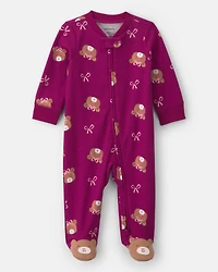 Baby Girl Bear 100% Cotton 2-Way Zip Sleeper - Purple