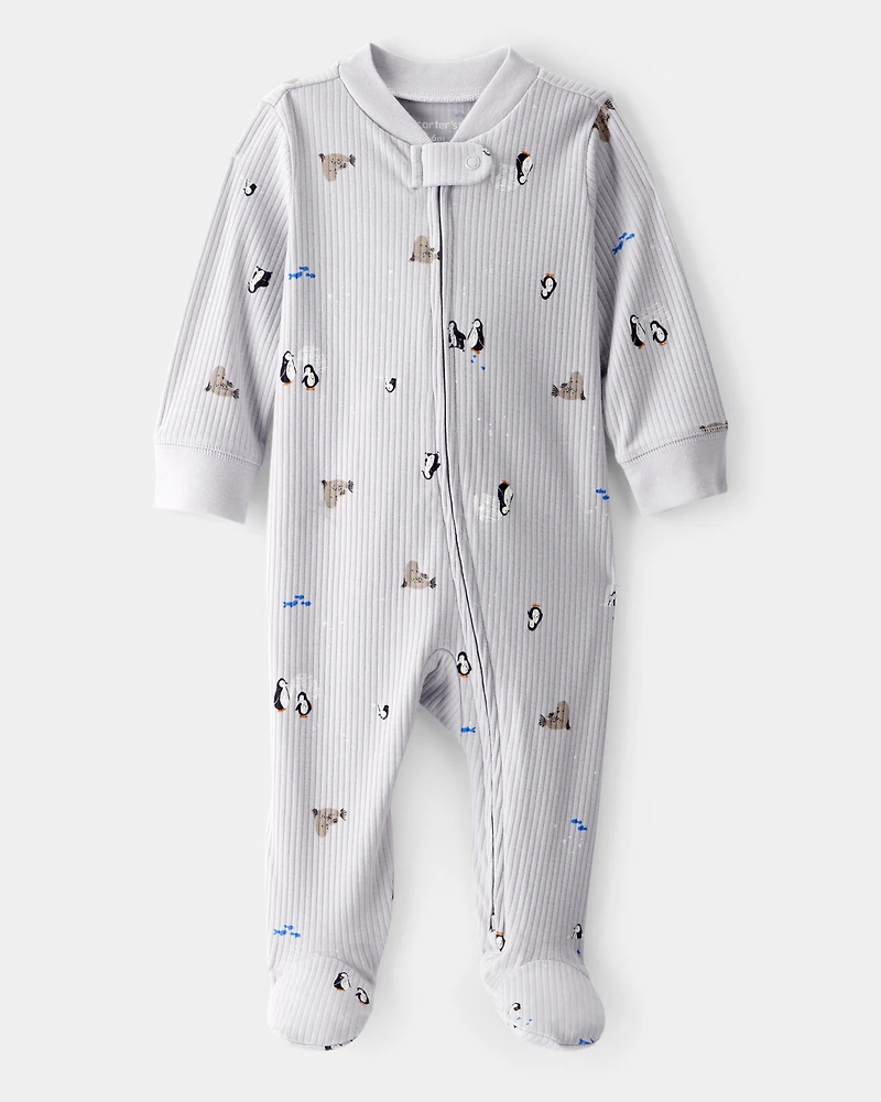 Baby Penguin Print Cotton Long-Sleeve Sleeper - White