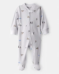 Baby Penguin Print Cotton Long-Sleeve Sleeper - White