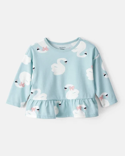 Baby Girl Swan Print Long-Sleeve Peplum Top - Blue