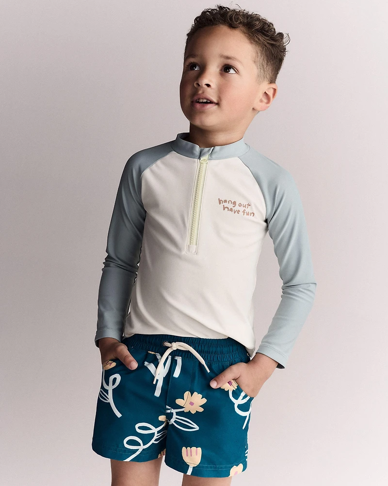 Toddler Boy Hang Out, Have Fun' Half-Zip Long-Sleeve Rashguard - Pale Blue/Cream