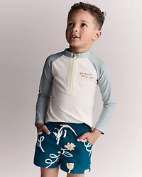 Toddler Boy Hang Out, Have Fun' Half-Zip Long-Sleeve Rashguard - Pale Blue/Cream