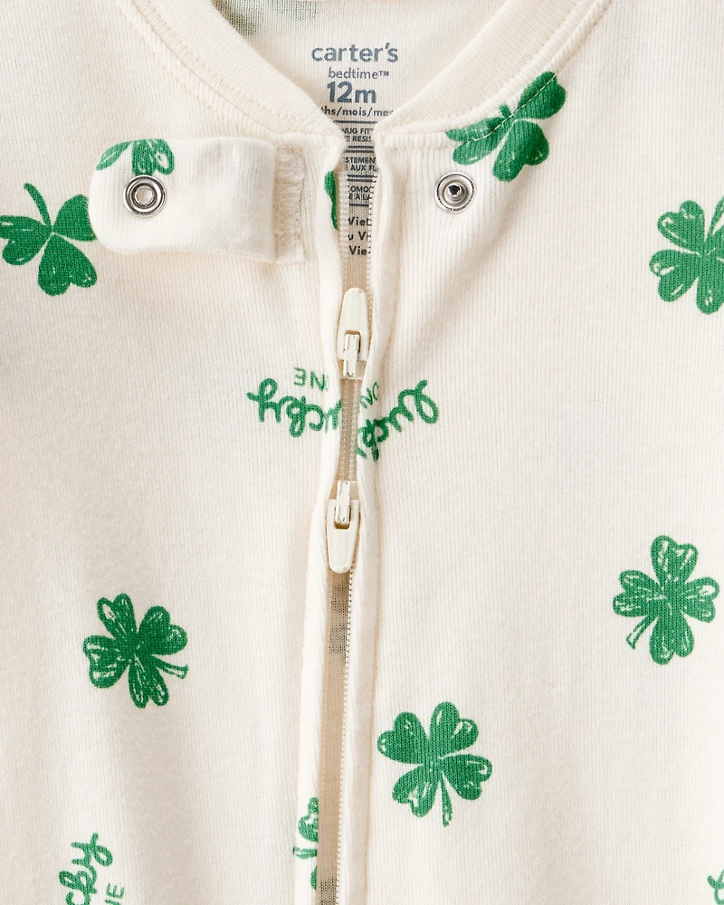 Baby St. Patrick's Day 100% Cotton Loose Fit 2-Way Zip Footie 1-Piece Pyjamas - Ivory