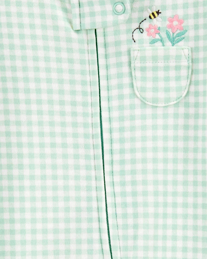 Baby Girl Gingham 2-Way Zip Cotton Sleeper Pyjamas - Green