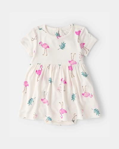 Baby Girl Flamingo PurelySoft Short-Sleeve Bodysuit Dress - Ivory
