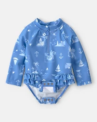 Baby Girl Sailboat Long-Sleeve 1-Piece Rashguard Swimsuit - Blue