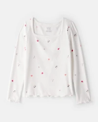 Girls Cafe-Print Ribbed Top - Ivory