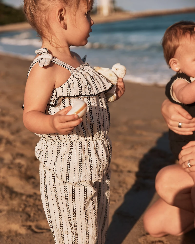 Toddler Girl Striped Ruffle Jumpsuit - Cream