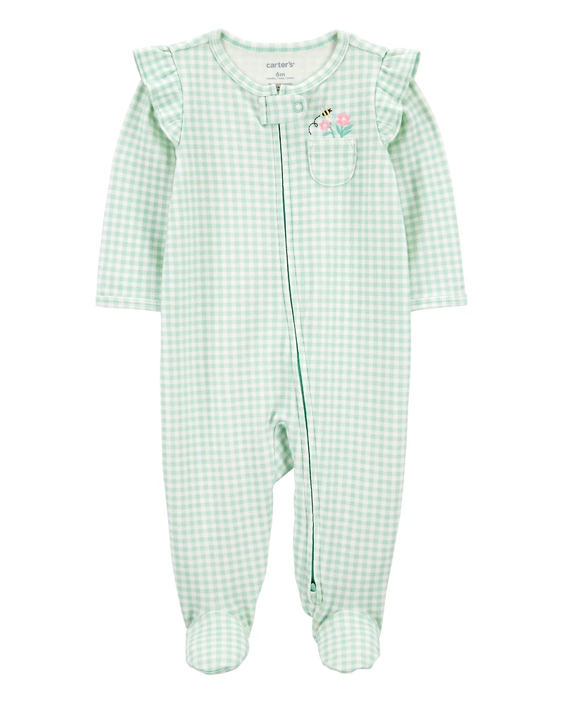 Baby Girl Gingham 2-Way Zip Cotton Sleeper Pyjamas - Green