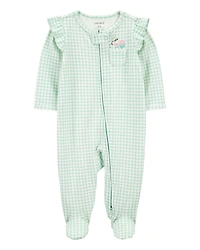Baby Girl Gingham 2-Way Zip Cotton Sleeper Pyjamas - Green