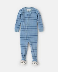 Baby Boy 1-Piece Striped Raccoon 2-Way Zip DreamPlush Snug Fit Footed Pyjama - Blue