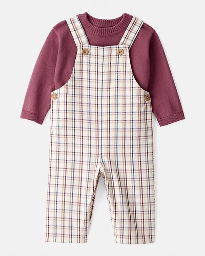 Baby Boy 2-Piece Plaid Overall Set - Maroon/Ivory
