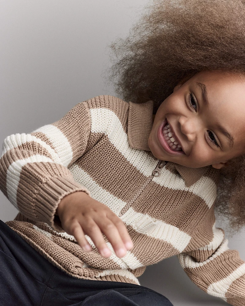 Toddler Striped Quarter-Zip Sweater - Tan/White