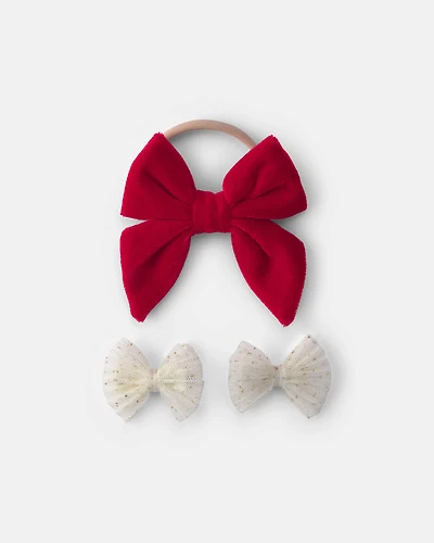 Baby Girl 2-Pack Christmas Bow Headwrap & Hair Clips - White/Red