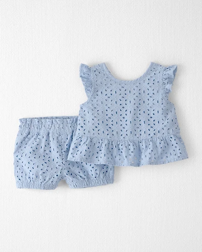 Baby Girl 3-Piece Organic Cotton Outfit Set Blue Eyelet