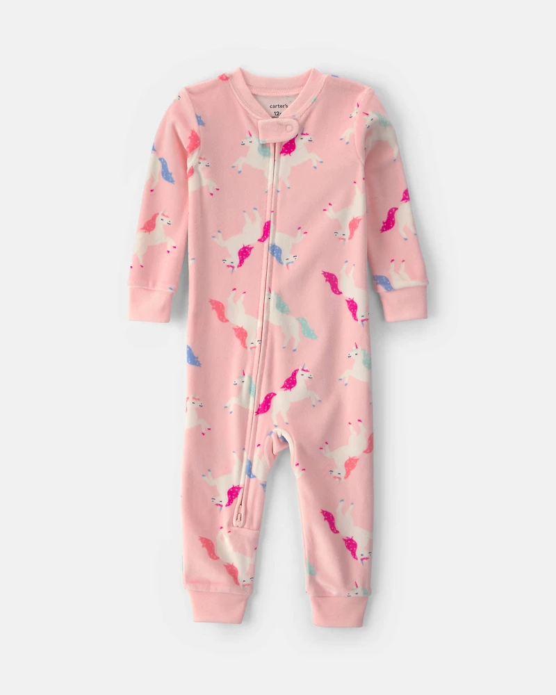 Baby Girl 1-Piece Unicorn 2-Way Zip DreamPlush Snug Fit Pyjama - Pink