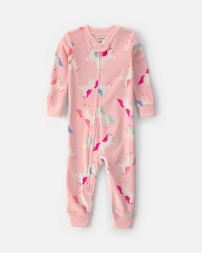 Baby Girl 1-Piece Unicorn 2-Way Zip DreamPlush Snug Fit Pyjama - Pink